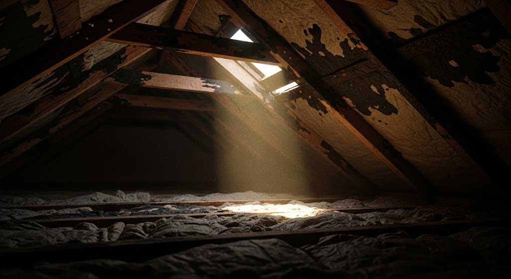 roof damage in an attic